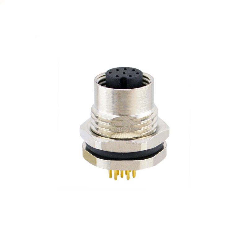 M12 8pins A code female straight front panel mount connector M16 thread,unshielded,insert,brass with nickel plated shell